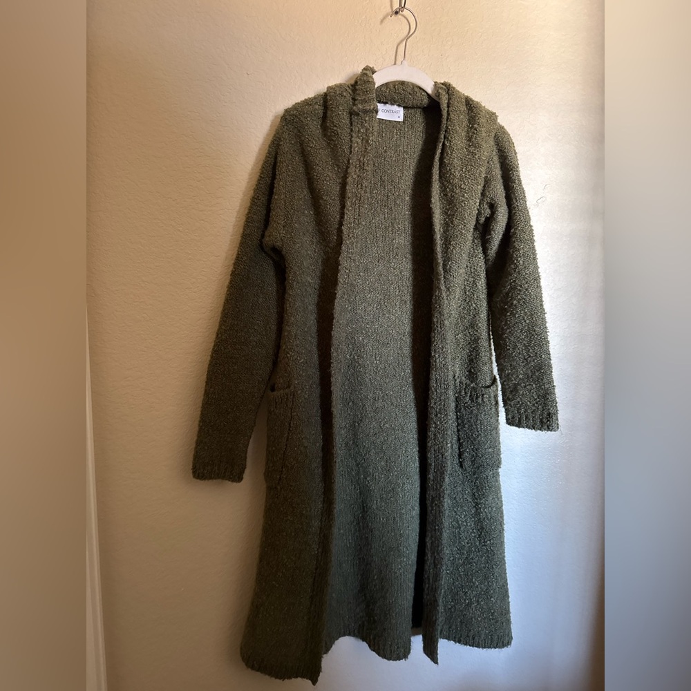 Self Contrast Boucle Cardigan Sz XS in green midi length soft boho shabby